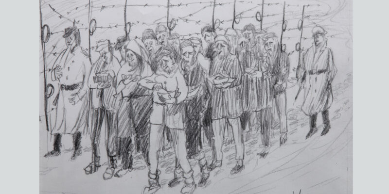 Eine Zeichnung des italienischen Künstlers Giovanni Talleri, der selbst KZ-Gefangener war, zeigt Häftlinge im KZ-Außenlagerkomplex Mühldorf.